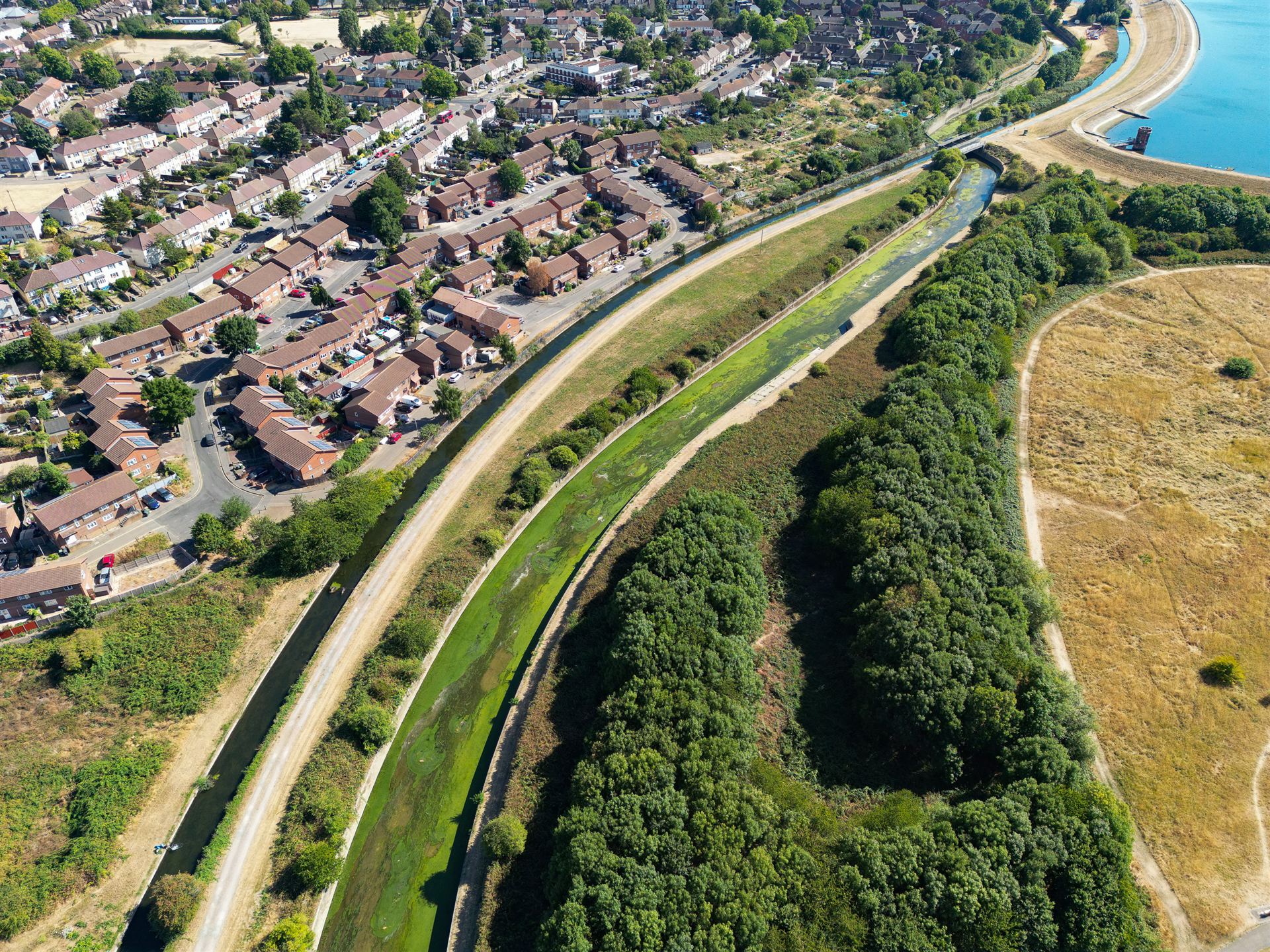 Aerial view of the River Lee Flood Relief Channel, UK