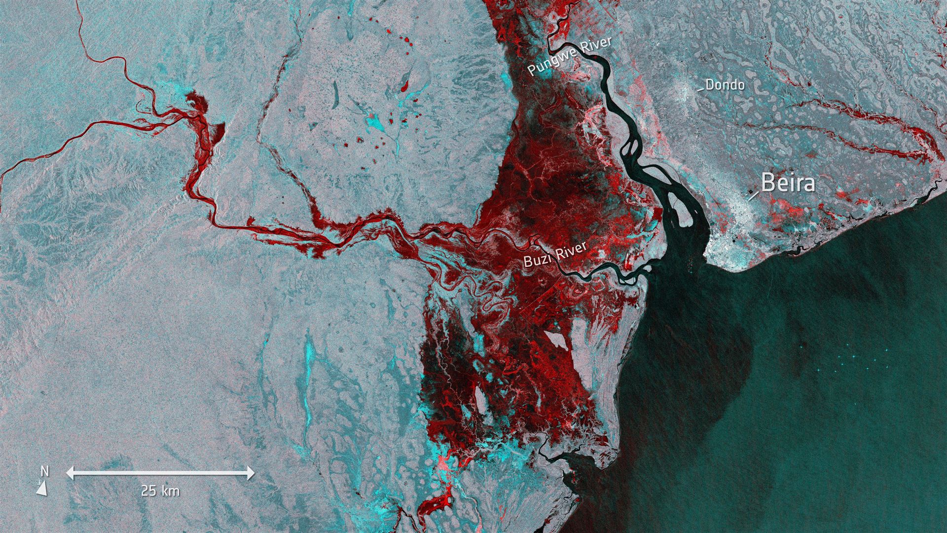 Sentinel-1 SAR flood map of Beira, Mozambique after Cyclone Idai, March 2019