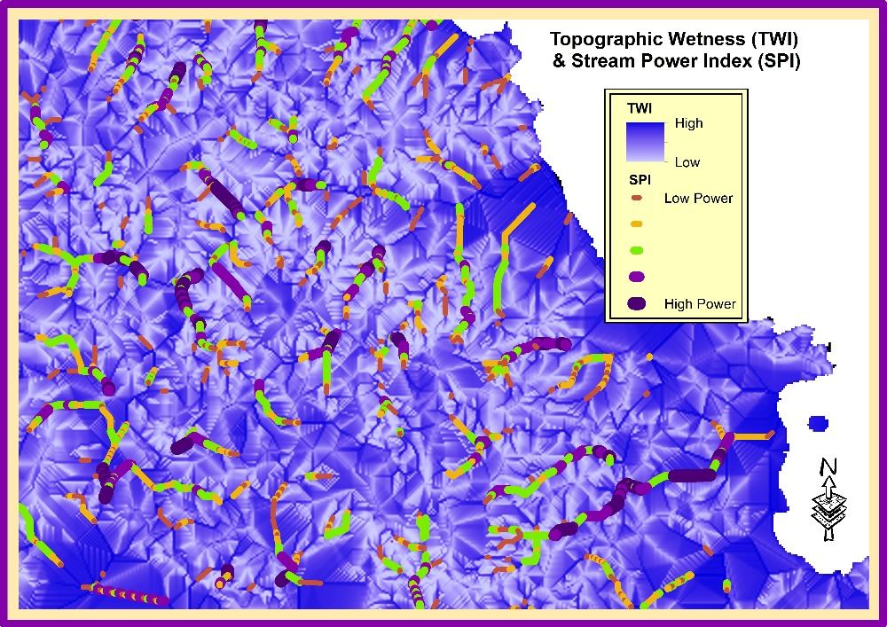 Topographic Wetness Index and Stream Power Index terrain analysis maps